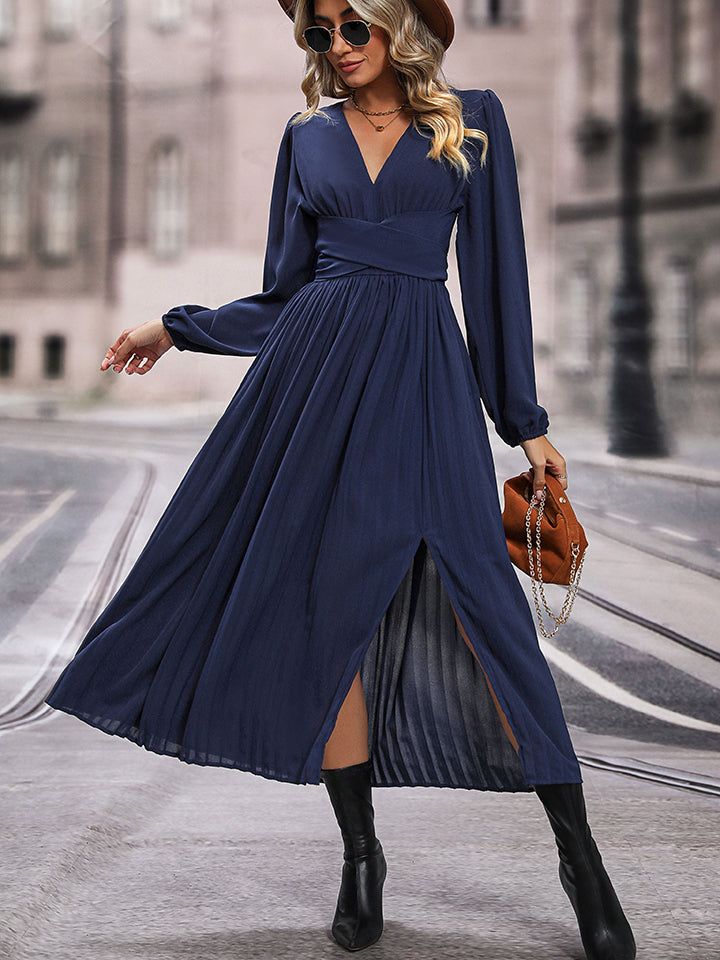 Perfee V-Neck Long Sleeve Pleated Slit Dress - felvior