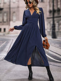 Perfee V-Neck Long Sleeve Pleated Slit Dress - felvior