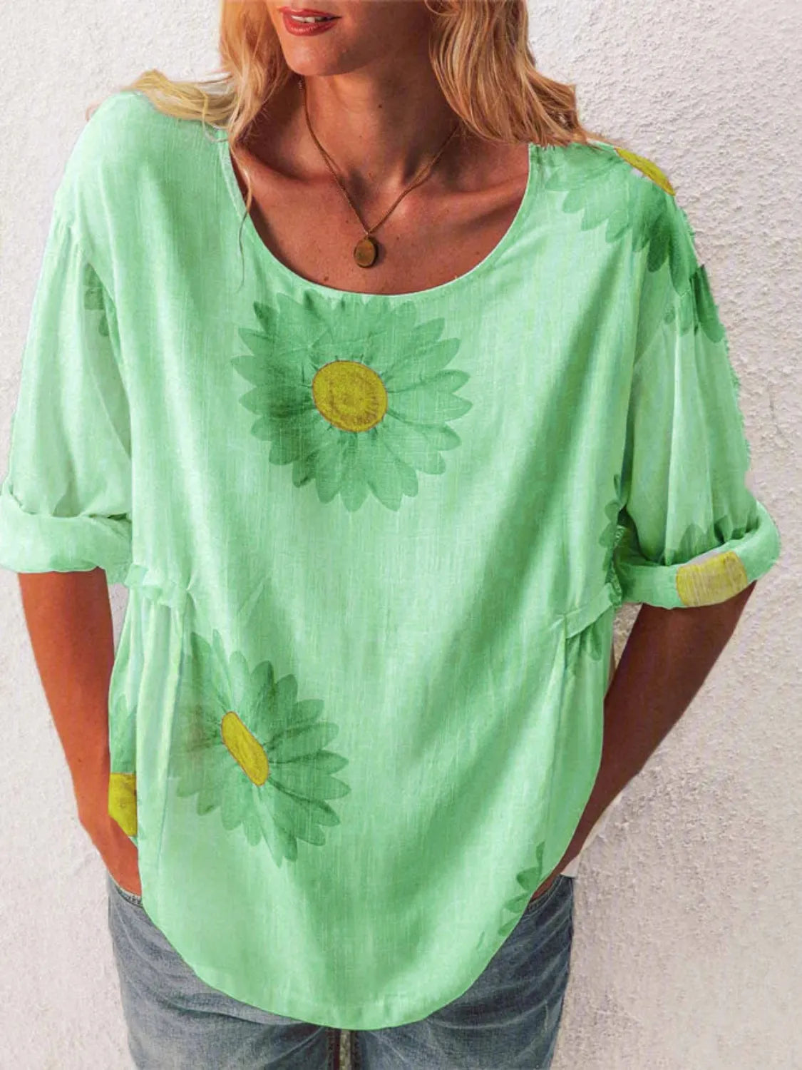 Full Size Flower Round Neck Half Sleeve T-Shirt Plus Size - felvior