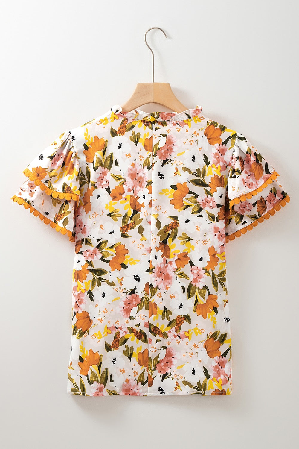 Ruffled Notched Short Sleeve Floral Blouse - felvior