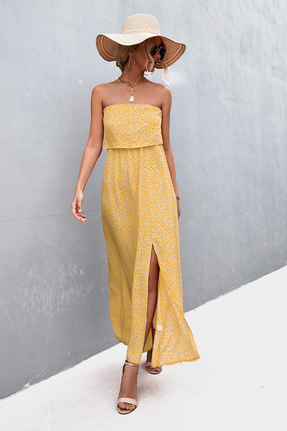 Strapless Split Maxi Dress - felvior