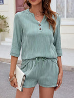 Textured Notched Top and Drawstring Shorts Set