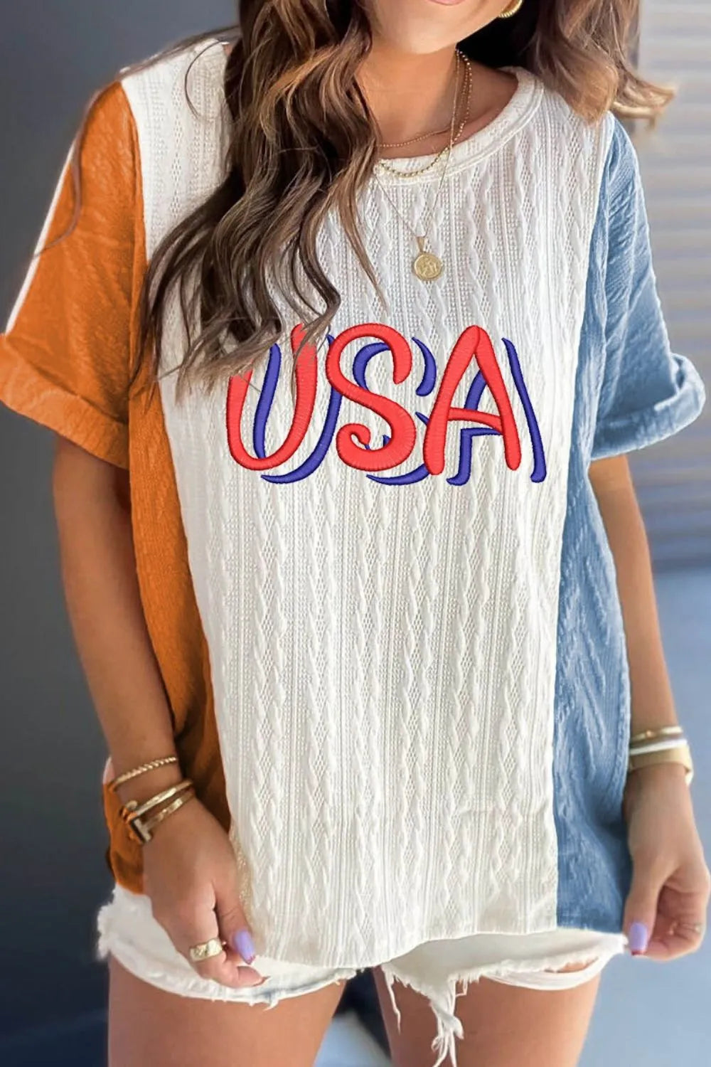 USA Embroidered Cable Textured Knit Cuffed Sleeve Color Block Tee Image principale du produit