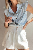 Frill Button Down Ruffled Cap Sleeve Denim Top - felvior