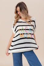 BiBi Vacay Mode Lettering Drop Shoulder Striped Sweater