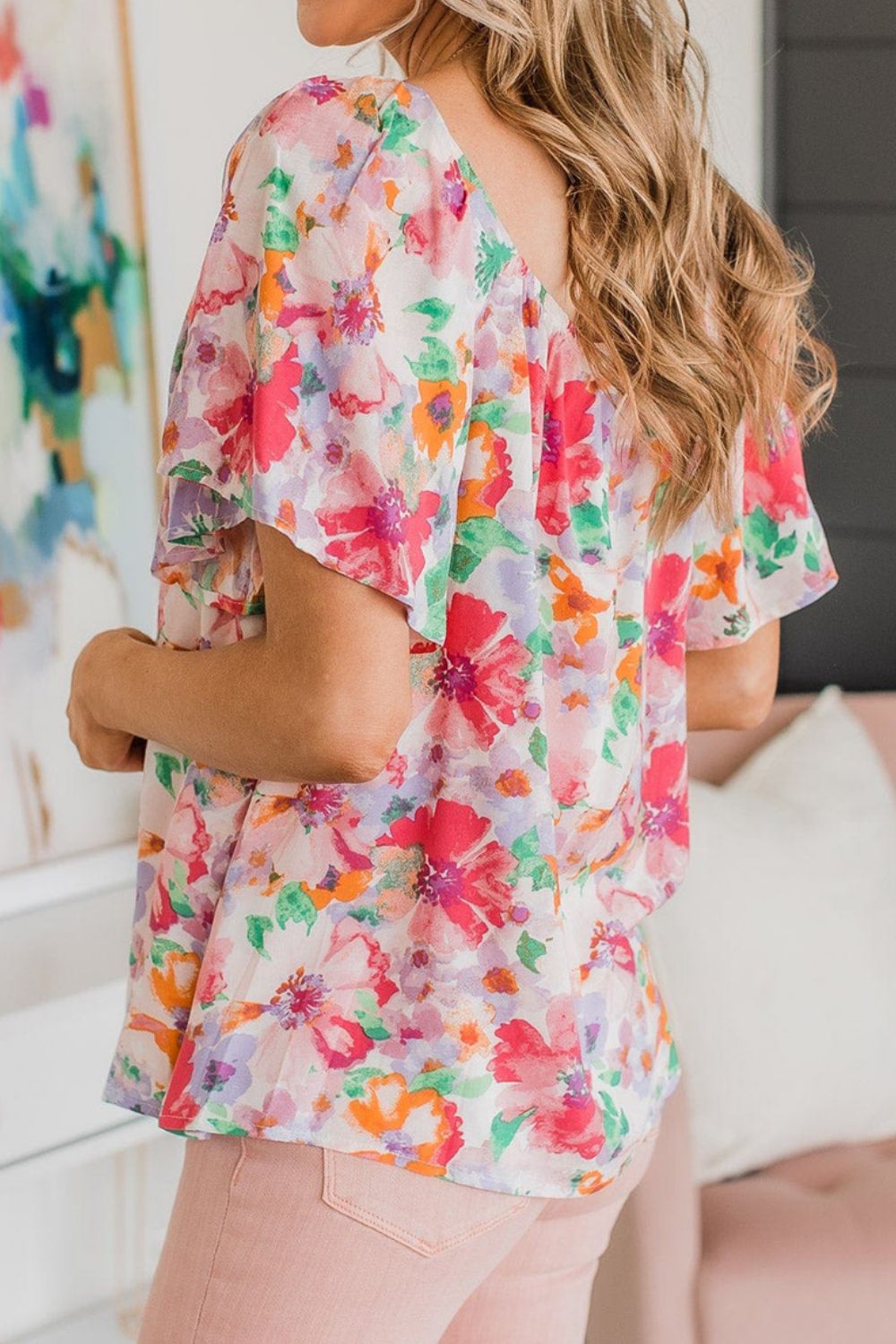 Floral Square Neck Ruffle Sleeve Blouse - felvior