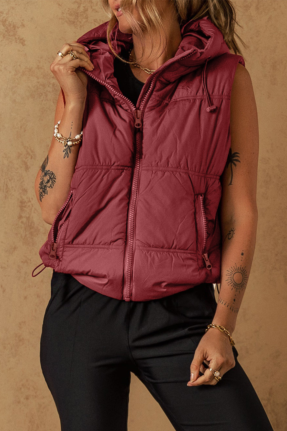 Drawstring Zip Up Hooded Vest Coat - felvior