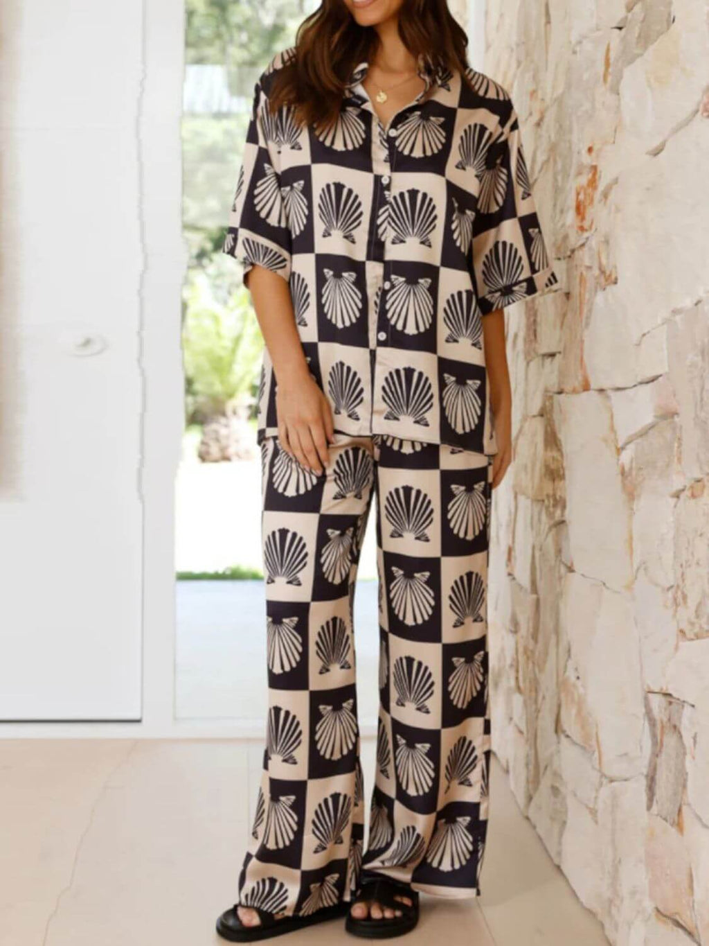 Printed Collared Neck Top and Wide Leg Pants Set