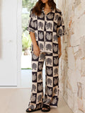 Printed Collared Neck Top and Wide Leg Pants Set - felvior