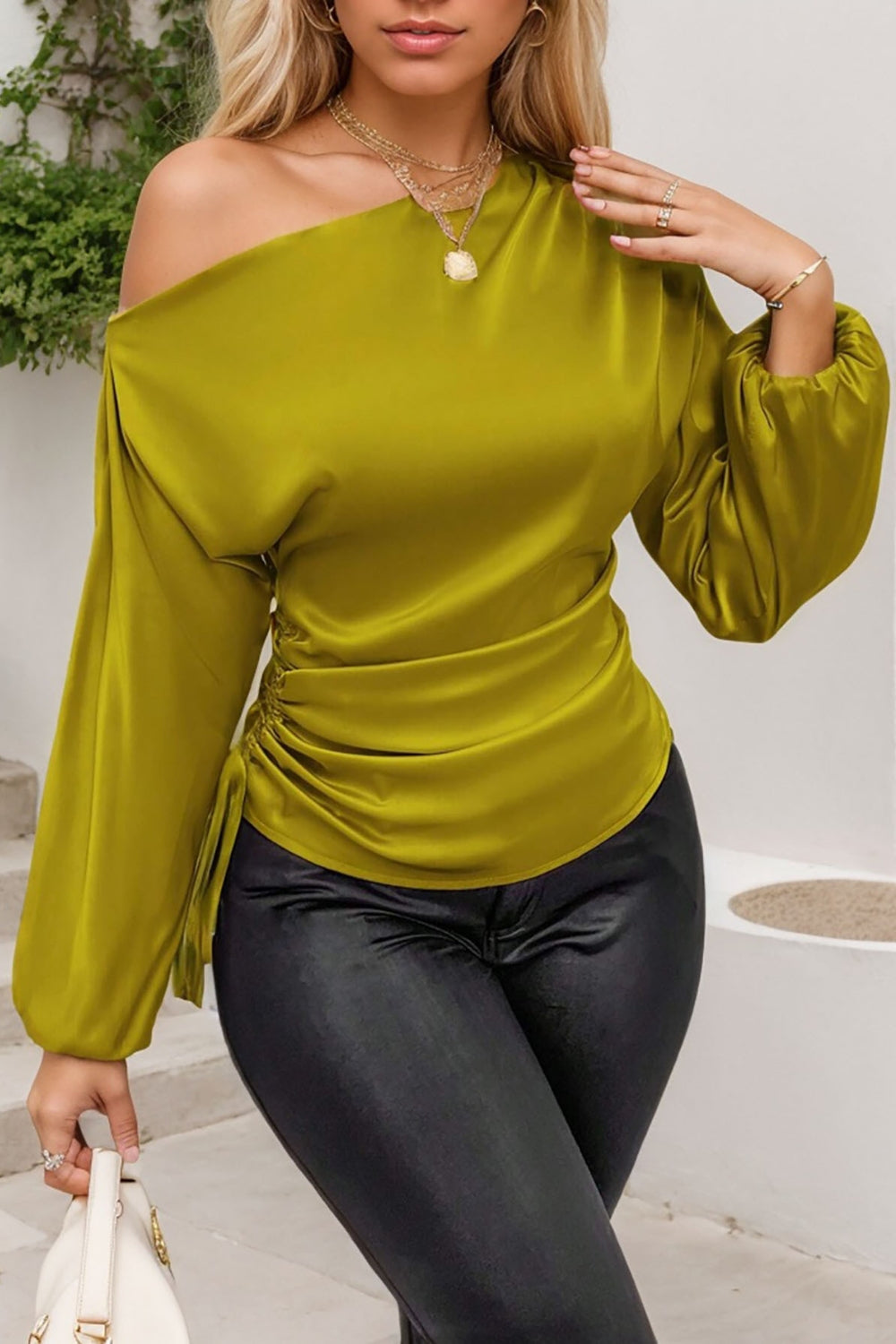 Drawstring One Shoulder Long Sleeve Blouse - felvior