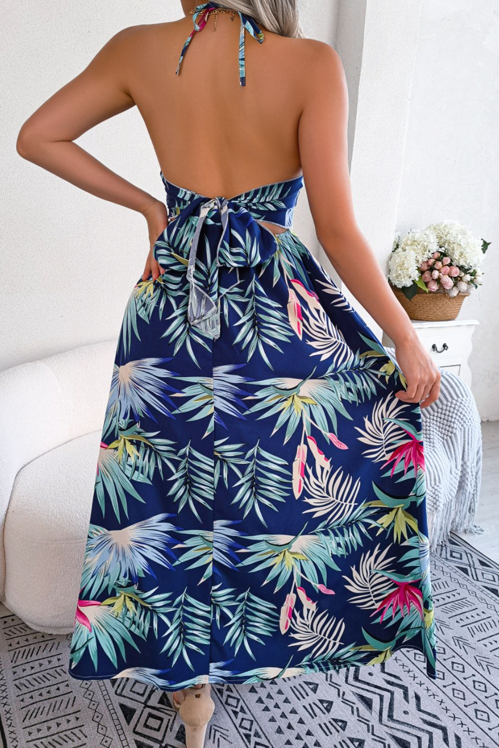 Botanical Print Tied Backless Cutout Slit Dress - felvior