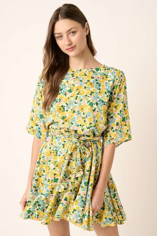 Mittoshop Floral Tie Waist Half Sleeve Mini Dress - felvior