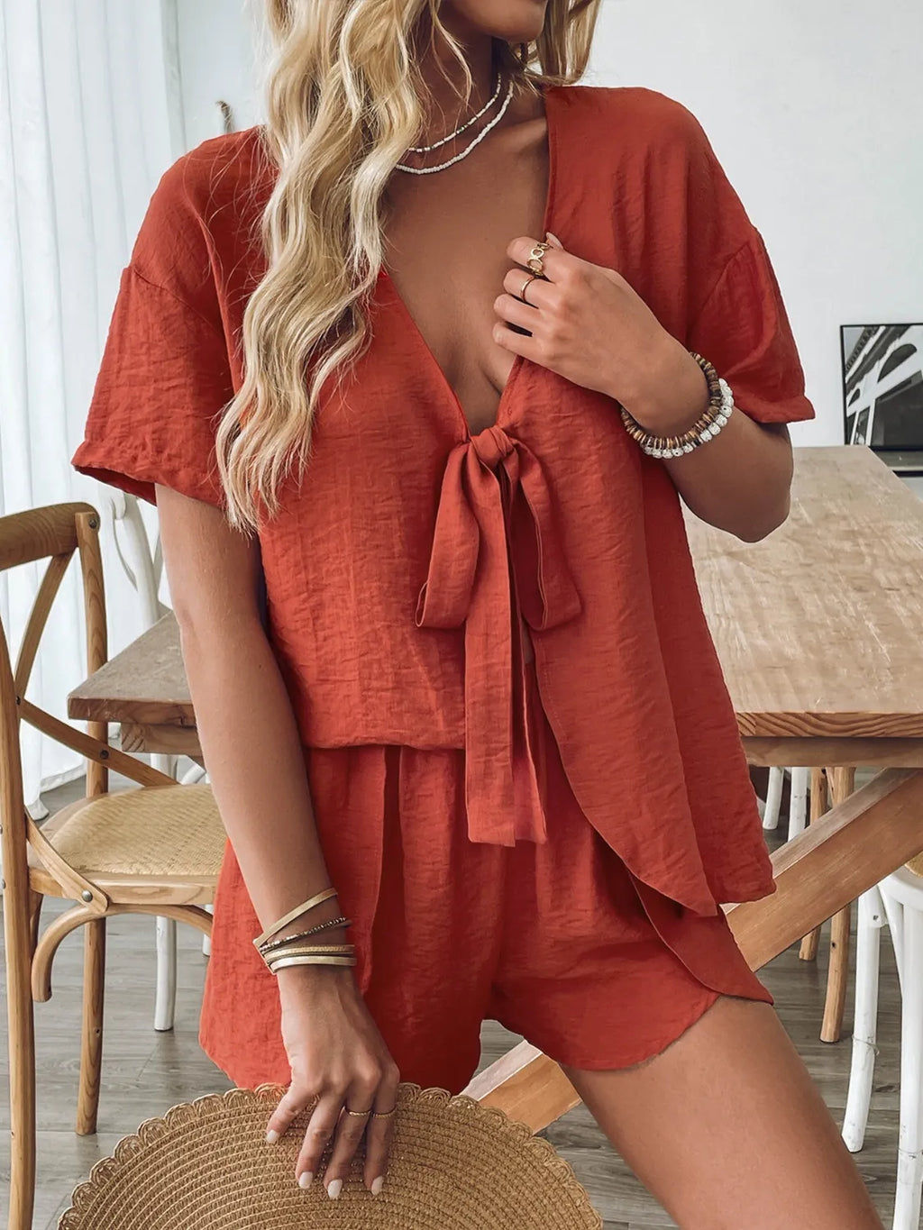 Tie Front Short Sleeve Top and Shorts Set