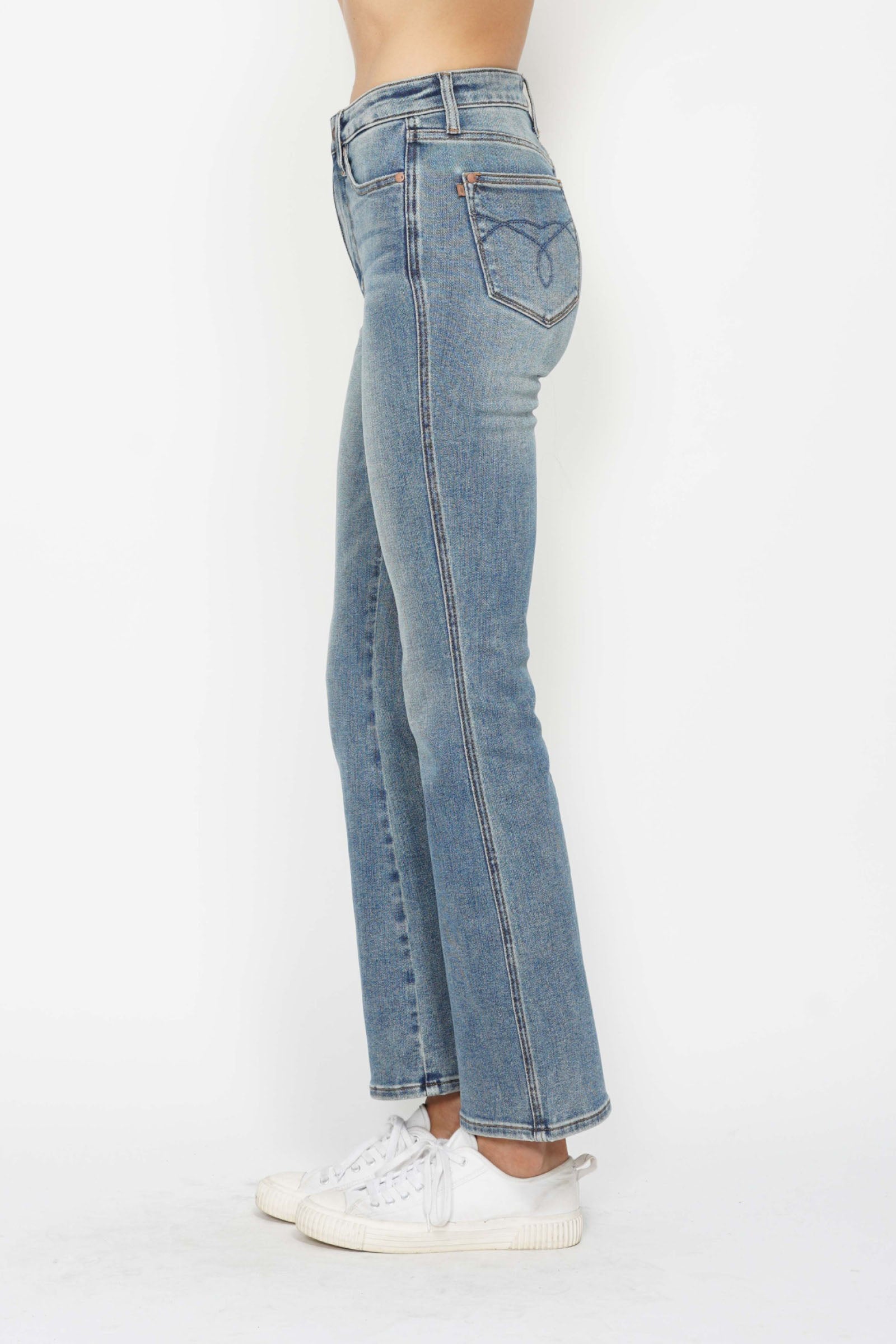 Judy Blue Full Size Tummy Control Back Embroidered Pocketed Bootcut Jeans Plus Size - felvior