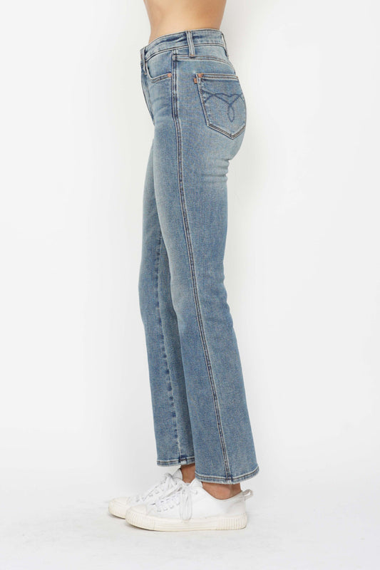 Judy Blue Full Size Tummy Control Back Embroidered Pocketed Bootcut Jeans Plus Size - felvior