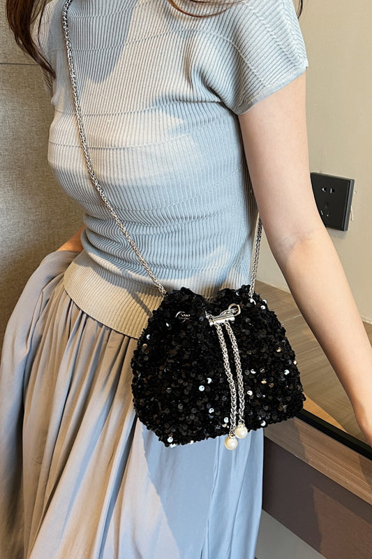 Sequin Chain Drawstring Bucket Bag - felvior
