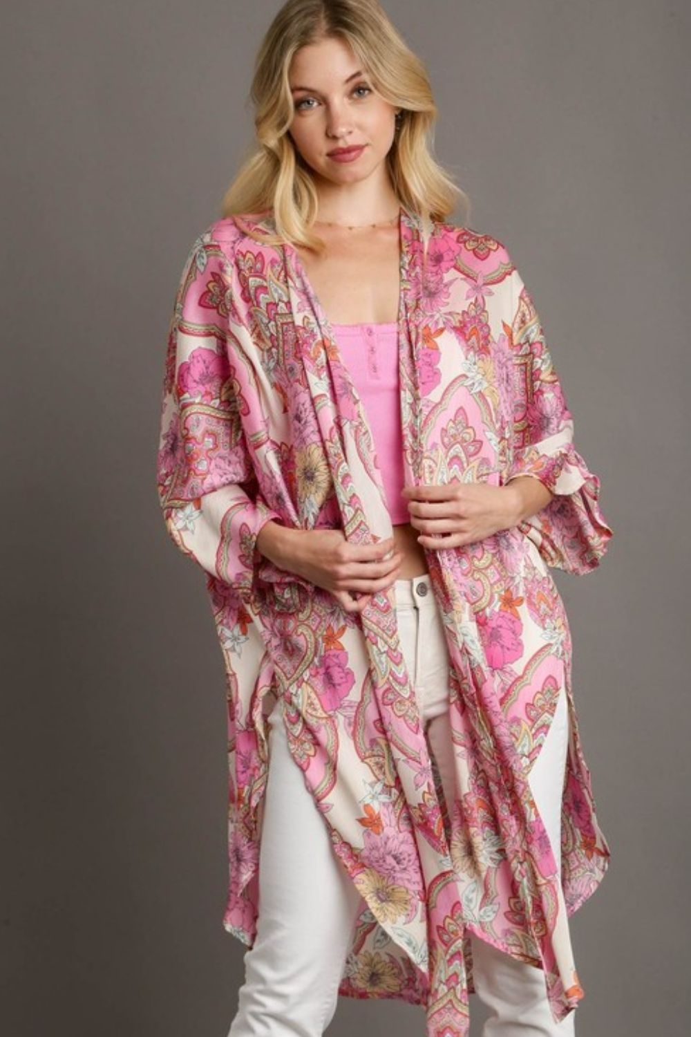 Umgee Full Size Mixed Print Open Front Kimono with Ruffle Sleeves Plus Size