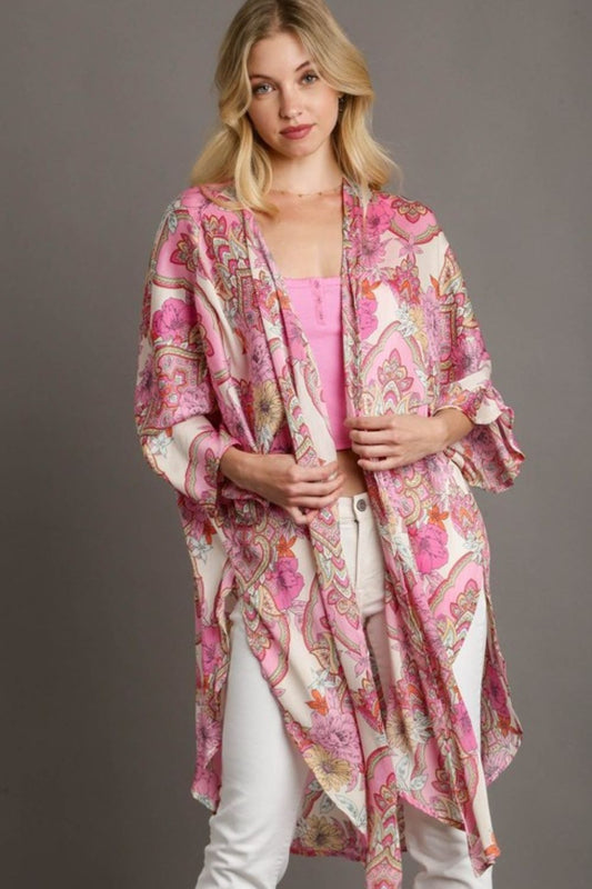 Umgee Full Size Mixed Print Open Front Kimono with Ruffle Sleeves Plus Size - felvior