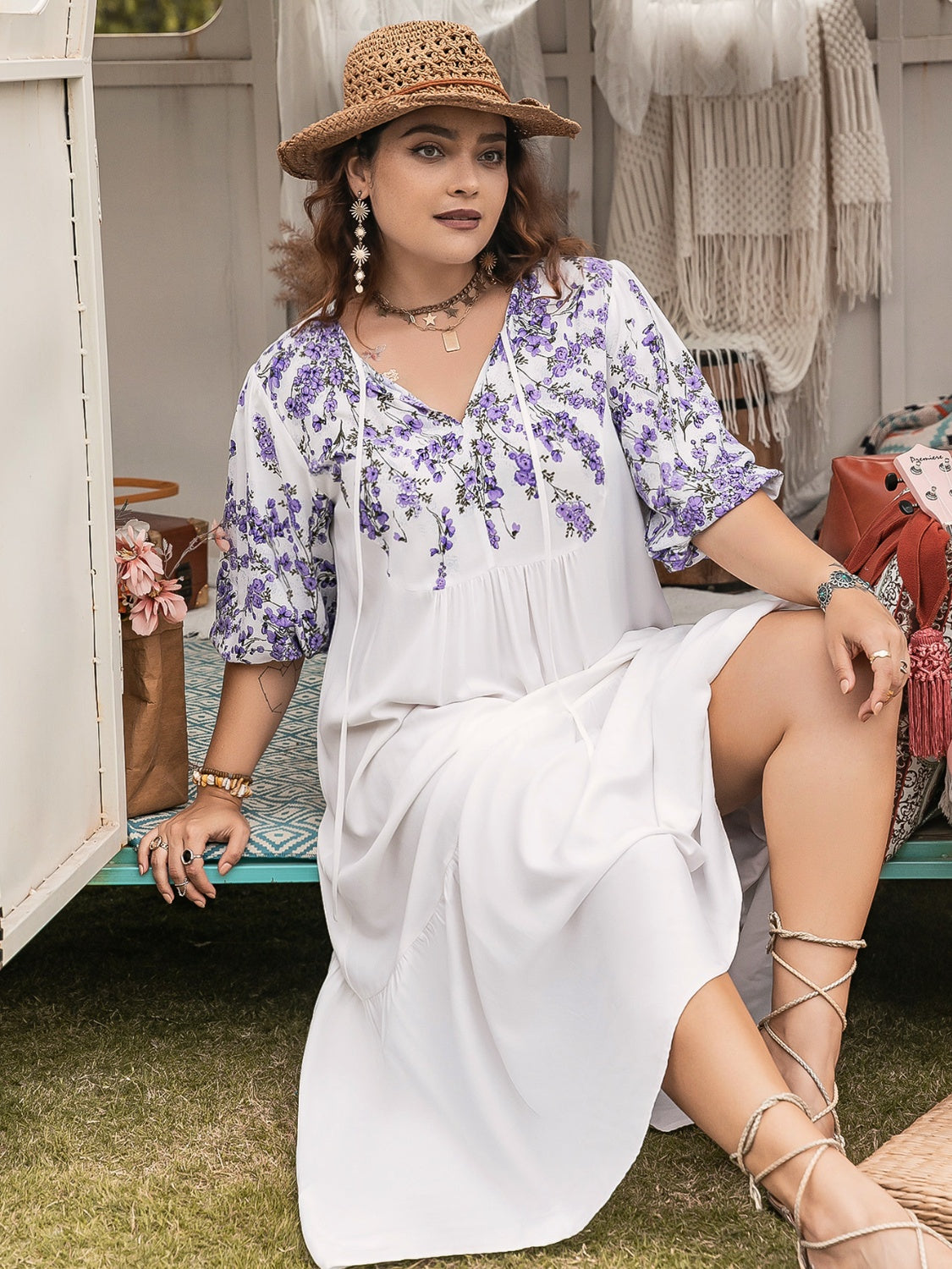 Plus Size Printed Tie Neck Half Sleeve Maxi Dress - felvior