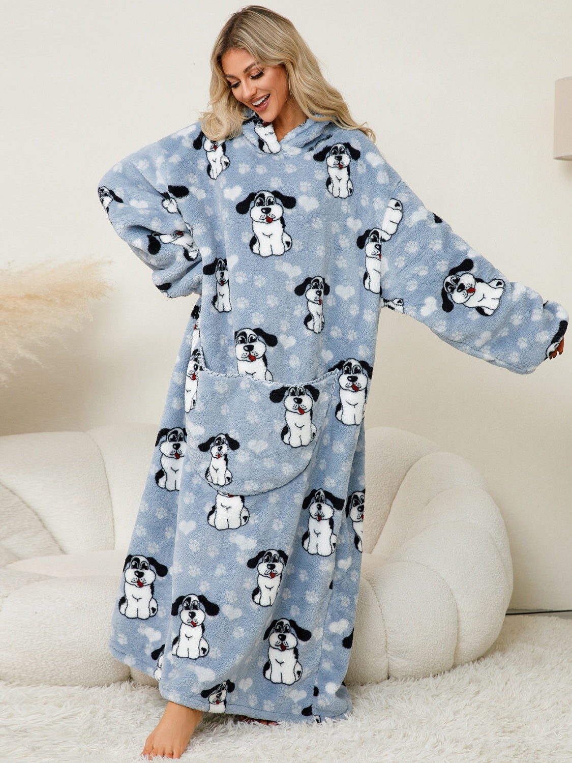 Fuzzy Pocketed Long Sleeve Hooded Lounge Dress - felvior