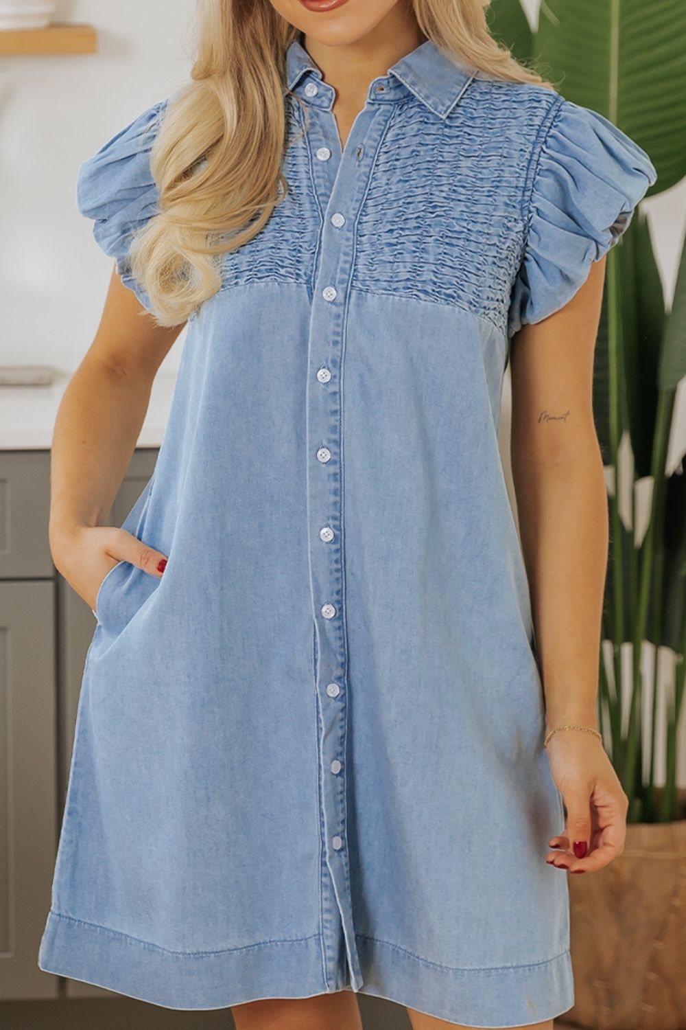 Smocked Collared Neck Cap Sleeve Denim Dress - felvior