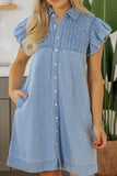 Smocked Collared Neck Cap Sleeve Denim Dress - felvior