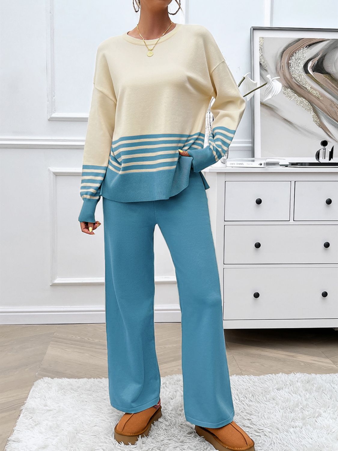Devine Slit Striped Round Neck Top and Pants Sweater Set - felvior