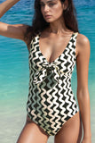 Tied Front Contrast Striped One-Piece Swimsuit - felvior