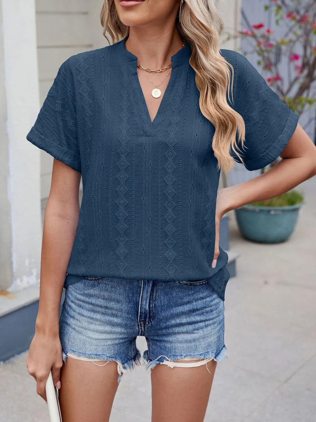 Eyelet Notched Short Sleeve Top