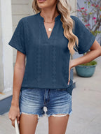 Eyelet Notched Short Sleeve Top