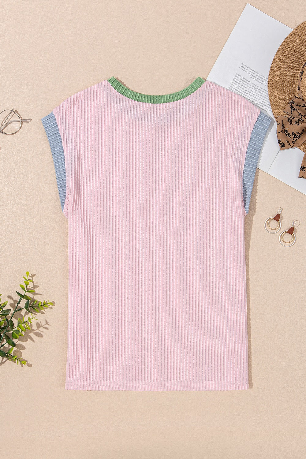 Contrast Trim Round Neck Cap Sleeve Top - felvior