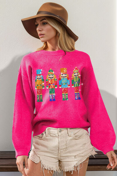 Double Take Full Size Sequin Nutcracker Long Sleeve Sweater Hauptbild