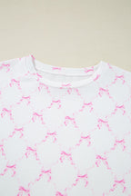 Bow Print Lettuce Trim Round Neck Top and Shorts Lounge Set