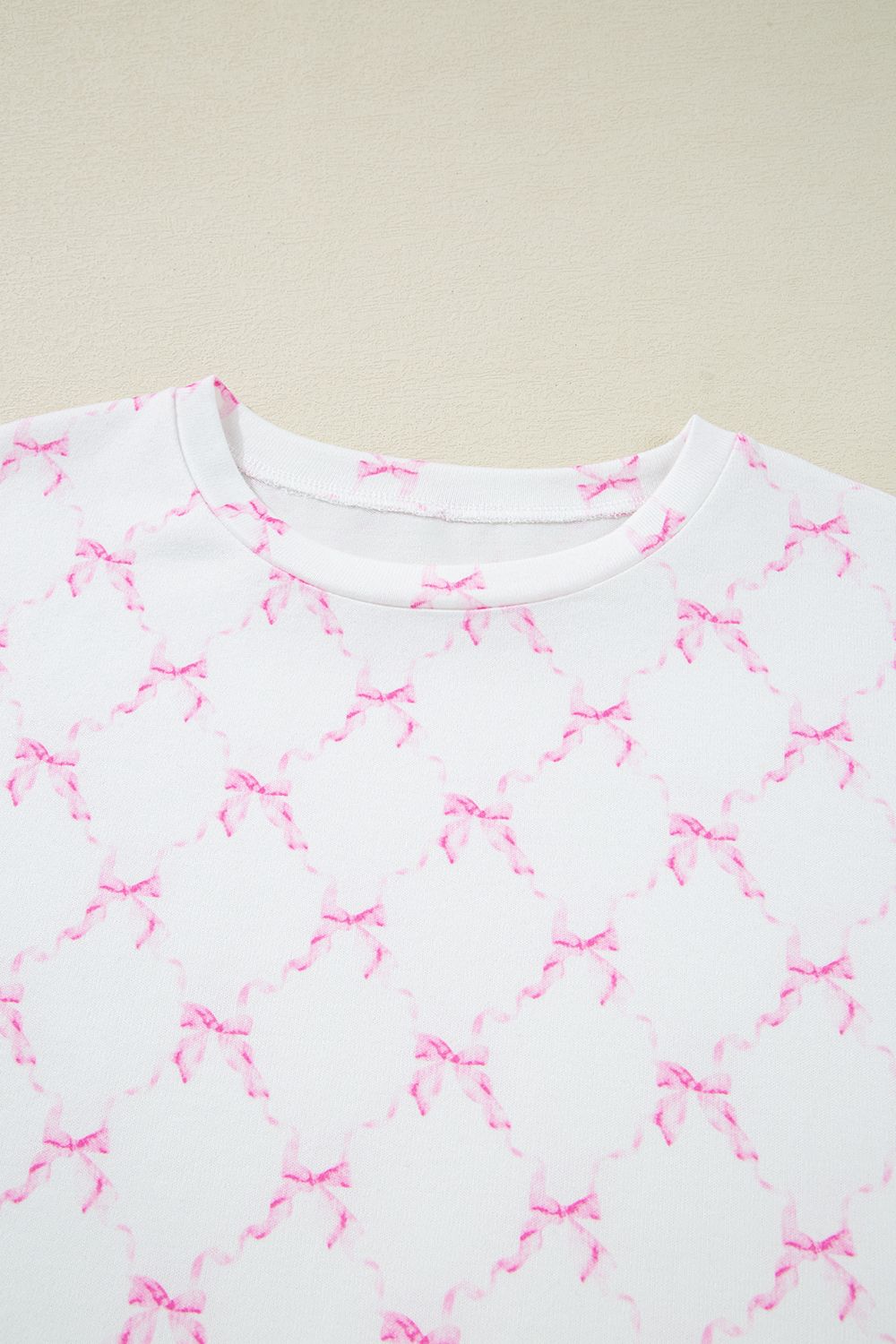 Bow Print Lettuce Trim Round Neck Top and Shorts Lounge Set