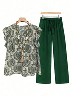 Printed Ruffled Cap Sleeve Top and Pants Set