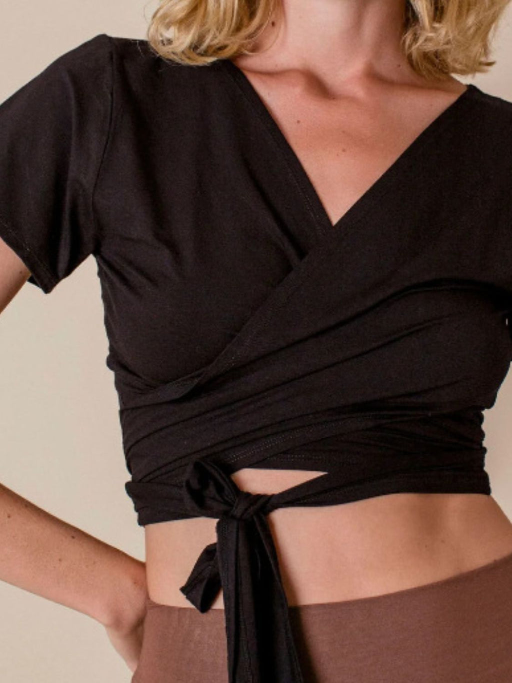 Tied Surplice Short Sleeve Top