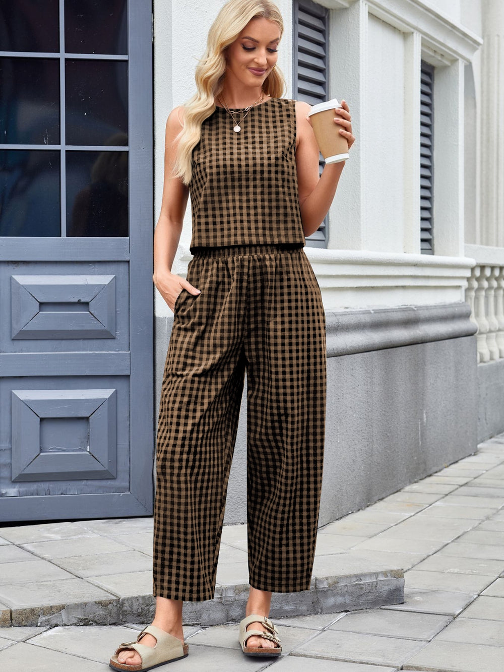 Plaid Sleeveless Top and Pants Set