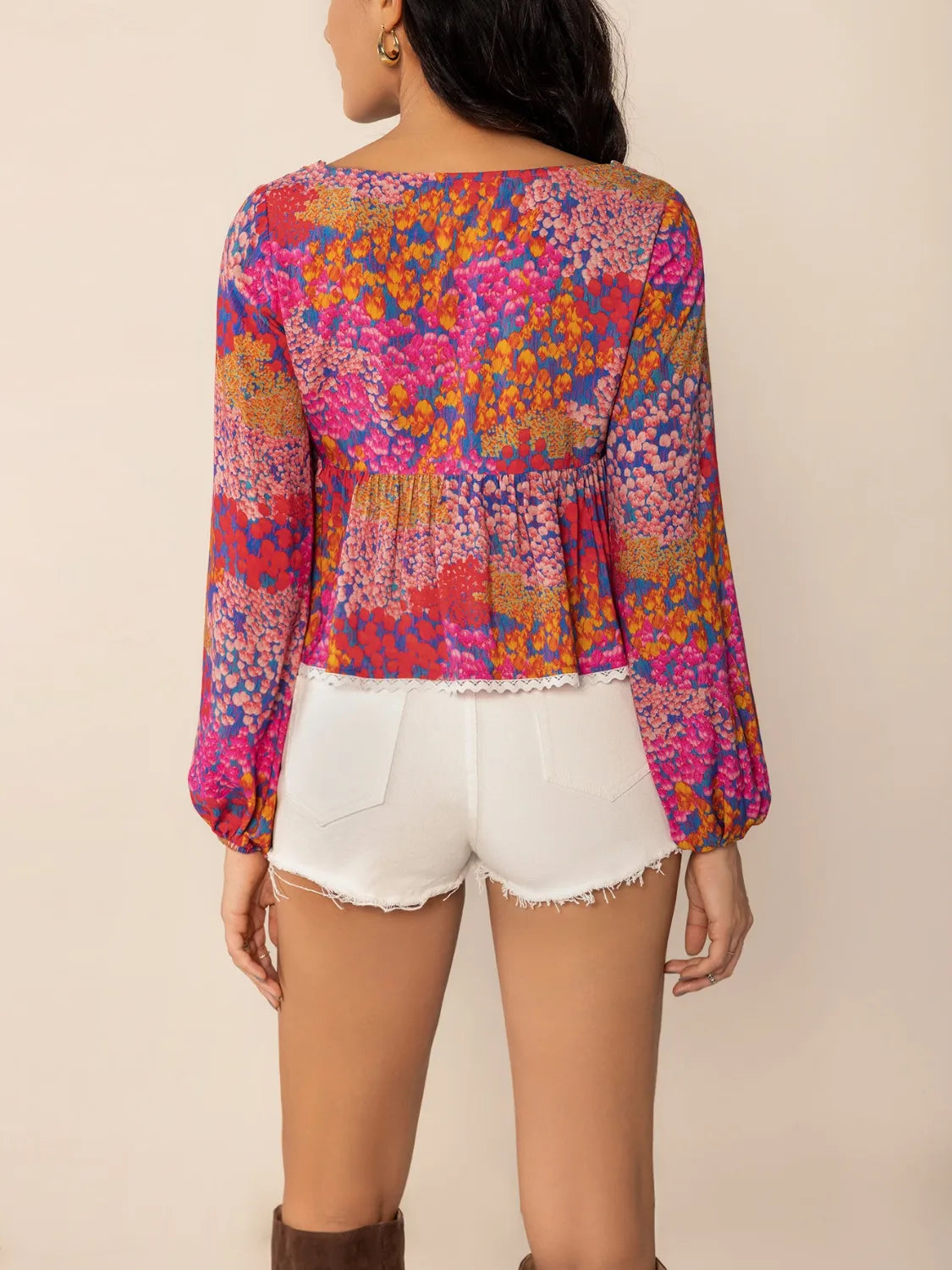 Lace Detail Printed Balloon Sleeve Top