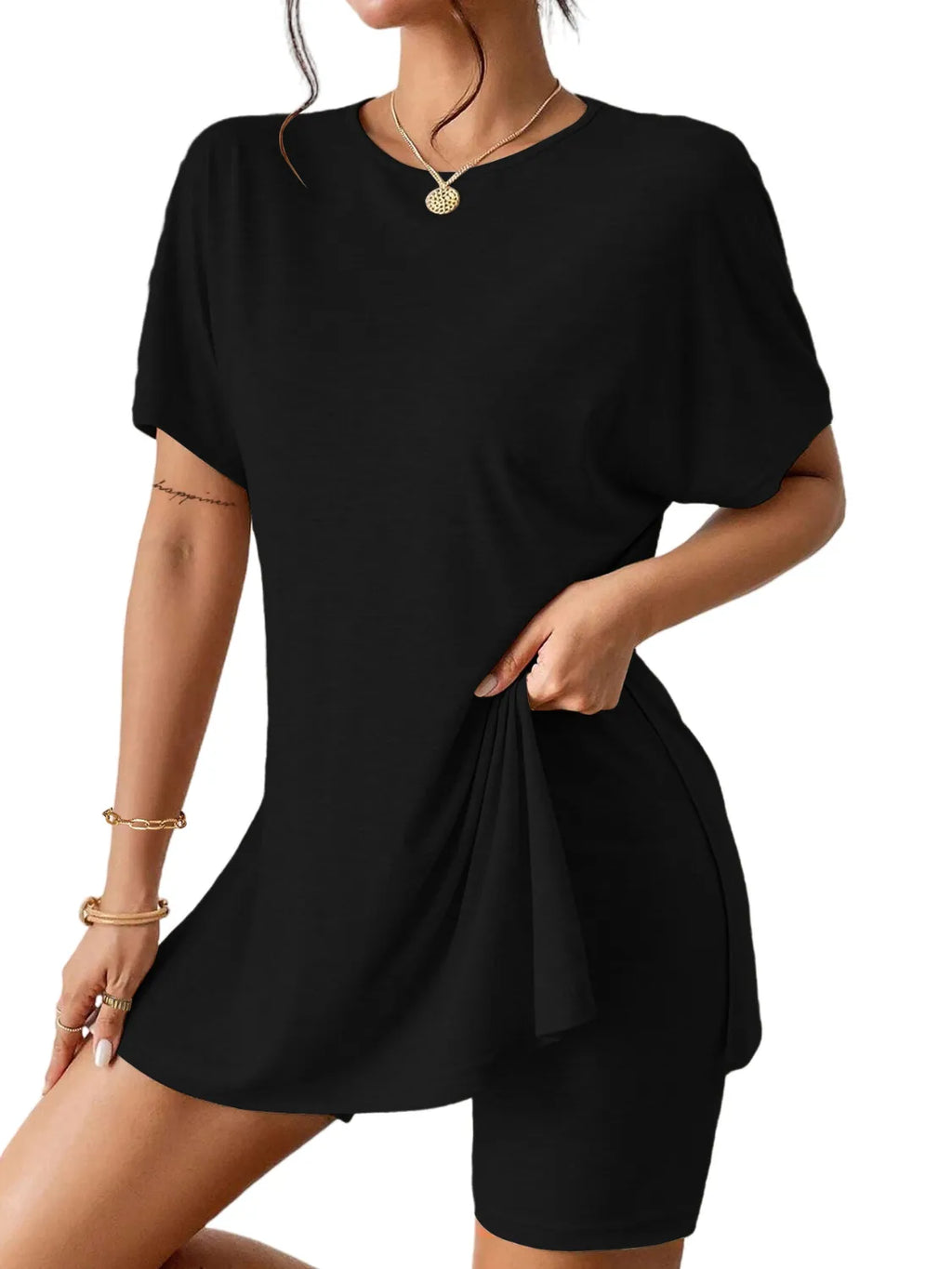 Slit Round Neck Short Sleeve Oversized Top and Shorts Set