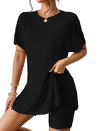 Slit Round Neck Short Sleeve Oversized Top and Shorts Set