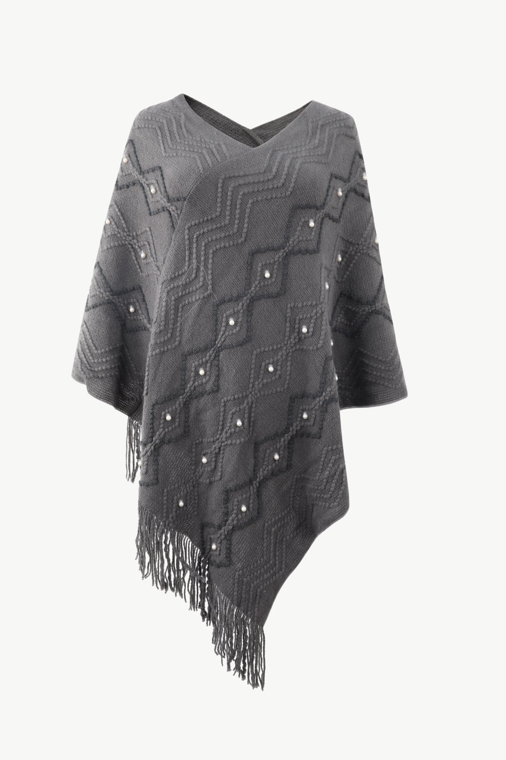 Pearl Trim V-Neck Fringe Hem Poncho - felvior