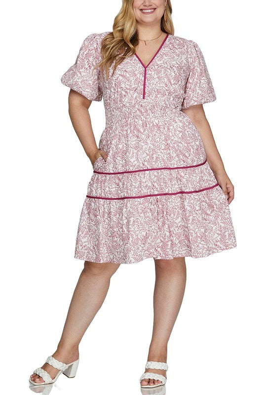 She + Sky Full Size Printed V-Neck Puff Sleeve Tiered Dress Plus Size