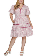 She + Sky Full Size Printed V-Neck Puff Sleeve Tiered Dress Plus Size