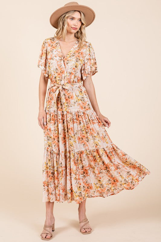 Mittoshop Floral Tie Waist Flutter Sleeve Tiered Dress - felvior