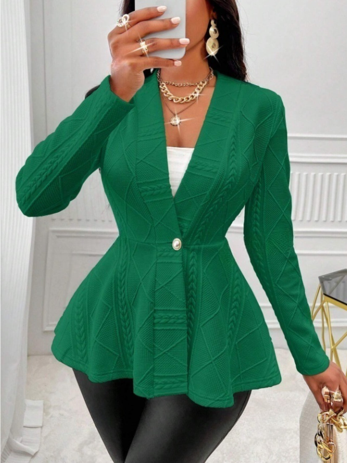 One Button Textured Peplum Cardigan - felvior
