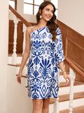 Printed Asymmetrical Neck Mini Dress - felvior