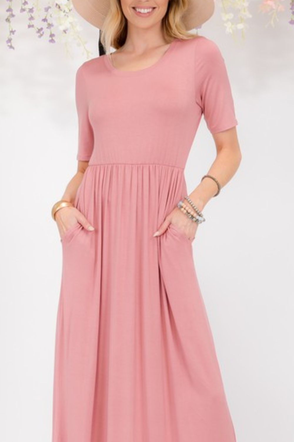 Celeste Full Size Round Neck Short Sleeve Maxi Dress with Pockets Plus Size - felvior