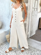 Devine Button Front Knotted Strap Wide Leg Jumpsuit