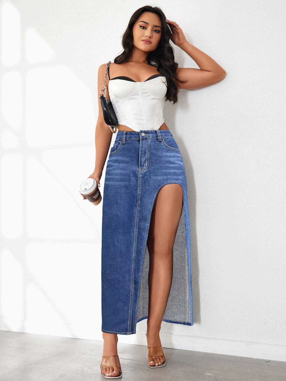 High Rise Slit Denim Skirt