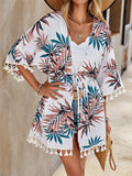 Tassel Tied Printed Half Sleeve Cover Up - felvior